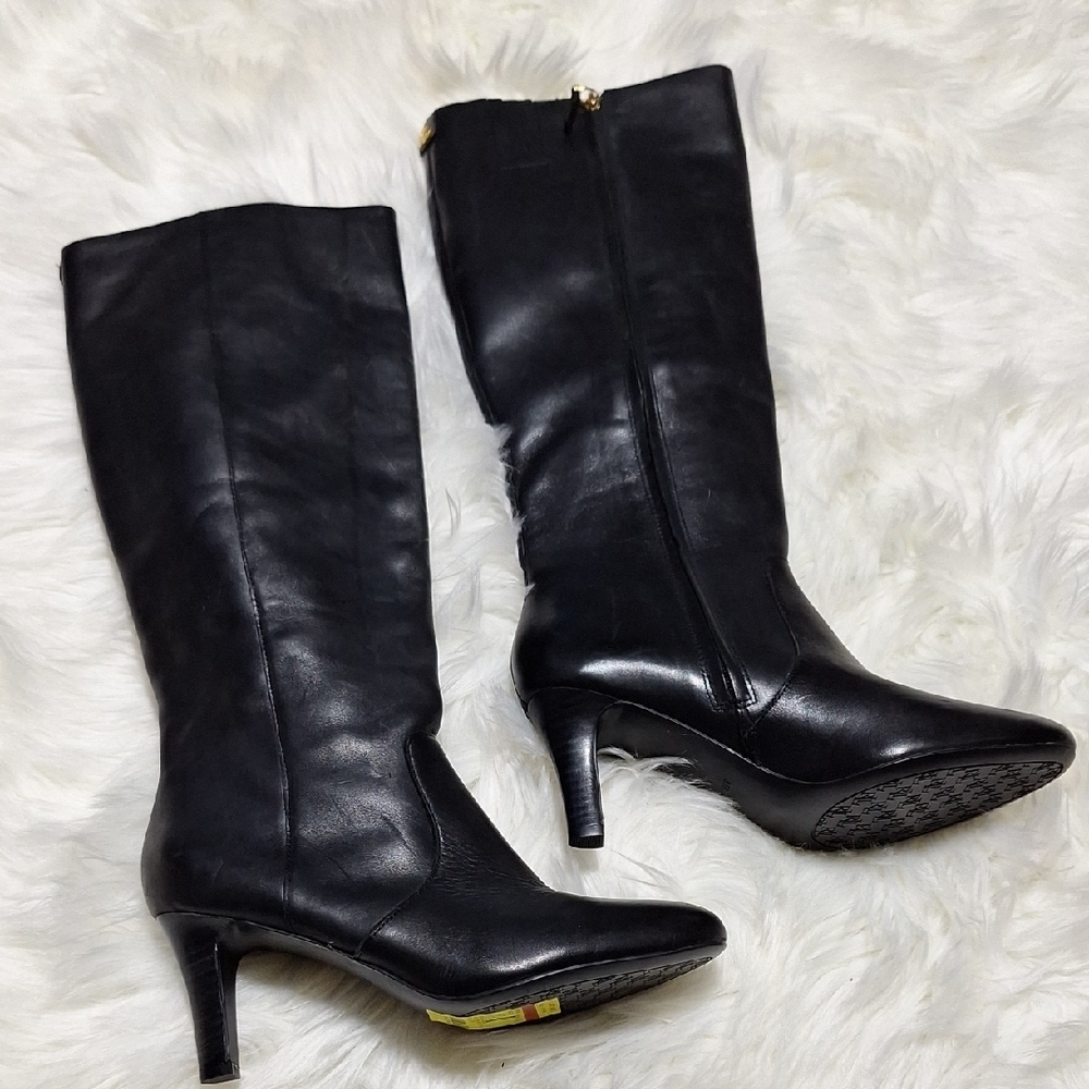 NWT Ralph Lauren Black Heeled Leather Boots, Size 8.5